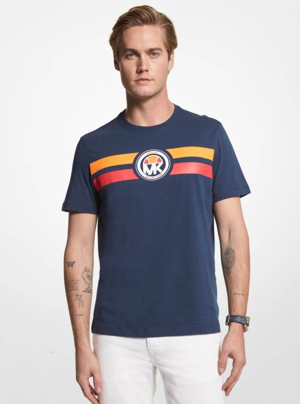 Panske Tricko Michael Kors MK X ellesse Logo Stripe Cotton Modre - Oblecenie Michael Kors Vypredaj | ILTZP-7438